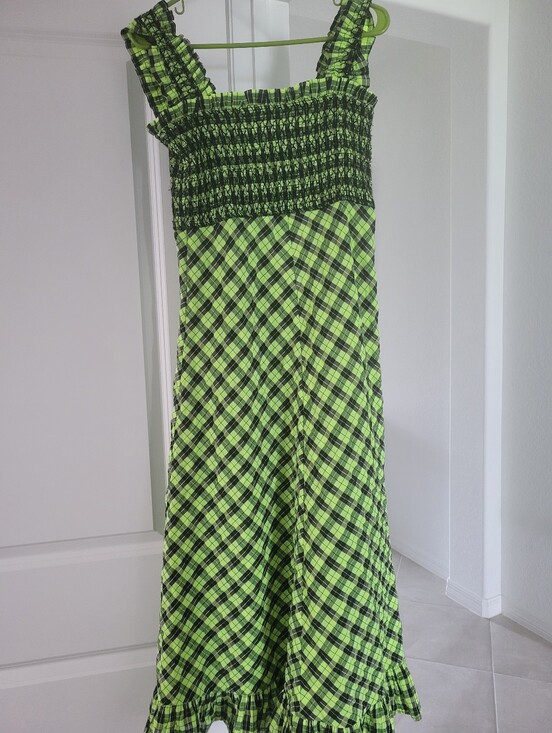 Ganni Dresses & Skirts - Ganni Neon Green and Black Plaid Smocked Maxi Dress